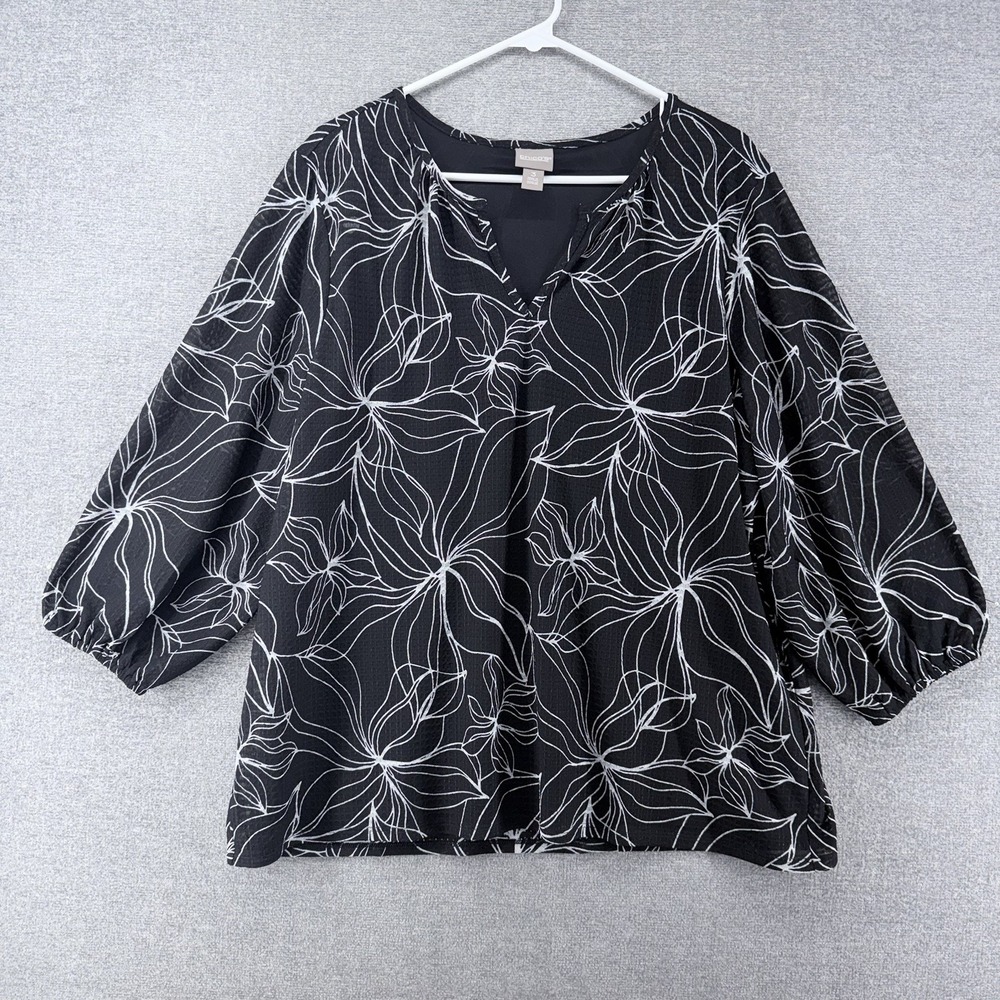 Chicos 3/4 Sleeve Pullover Top Women Size 3 Black Floral White Lined